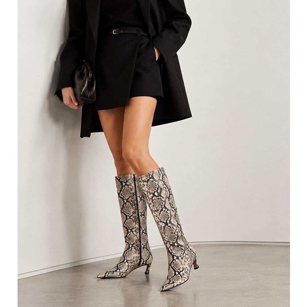Gianni Bini Gianna Snake Print Leather Kitten Heel Knee High Boots US 8 NWT